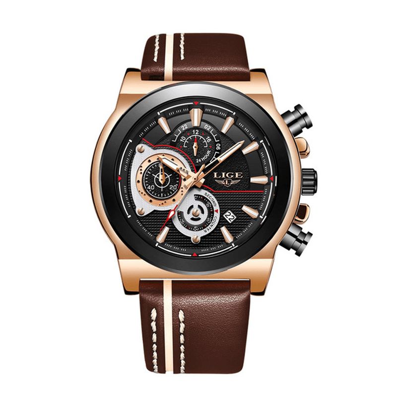 Lg8901 Casual Sport Affichage De La Date Hommes Montre-bracelet Affichage Lumineux Bracelet En Cuir Montre À Quartz