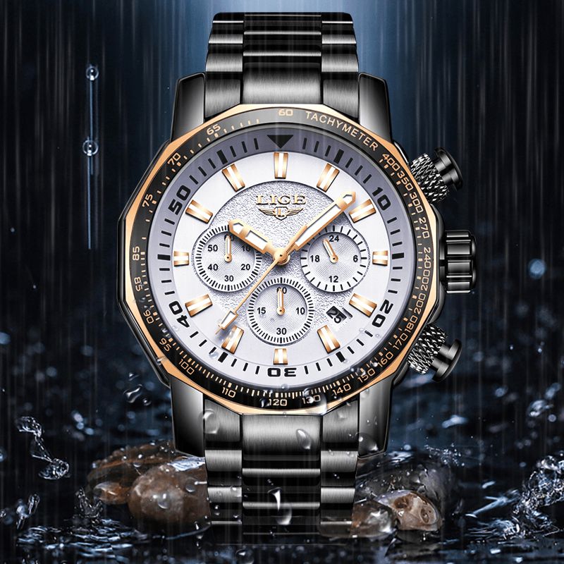 Lg9871 Luxe Affaires Style Affichage De La Date Pointeurs Lumineux Étanche En Acier Inoxydable Bande Hommes Montre-bracelet À Quartz