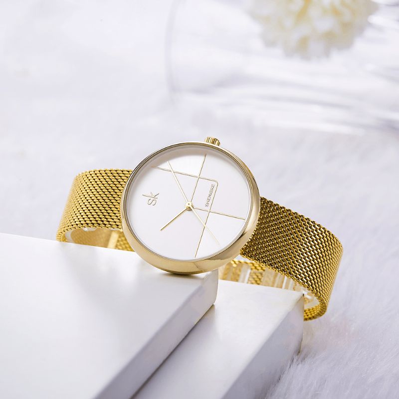 Ligne Géométrique Simple Aiguille Cadran Femmes Plein Acier Dames Robe De Luxe Montre À Quartz