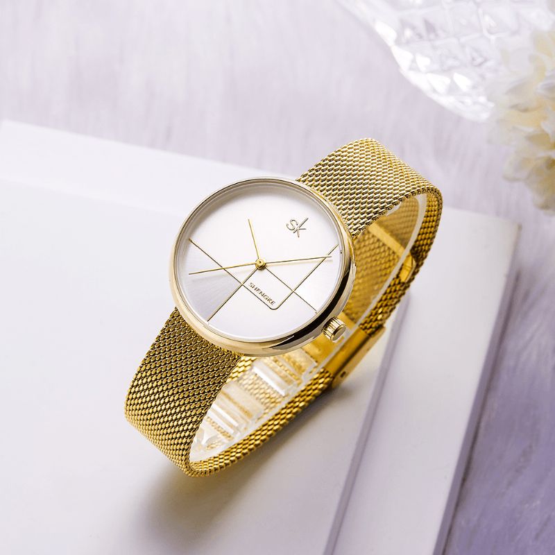 Ligne Géométrique Simple Aiguille Cadran Femmes Plein Acier Dames Robe De Luxe Montre À Quartz