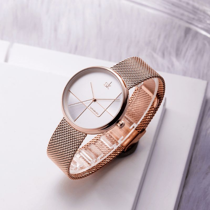 Ligne Géométrique Simple Aiguille Cadran Femmes Plein Acier Dames Robe De Luxe Montre À Quartz