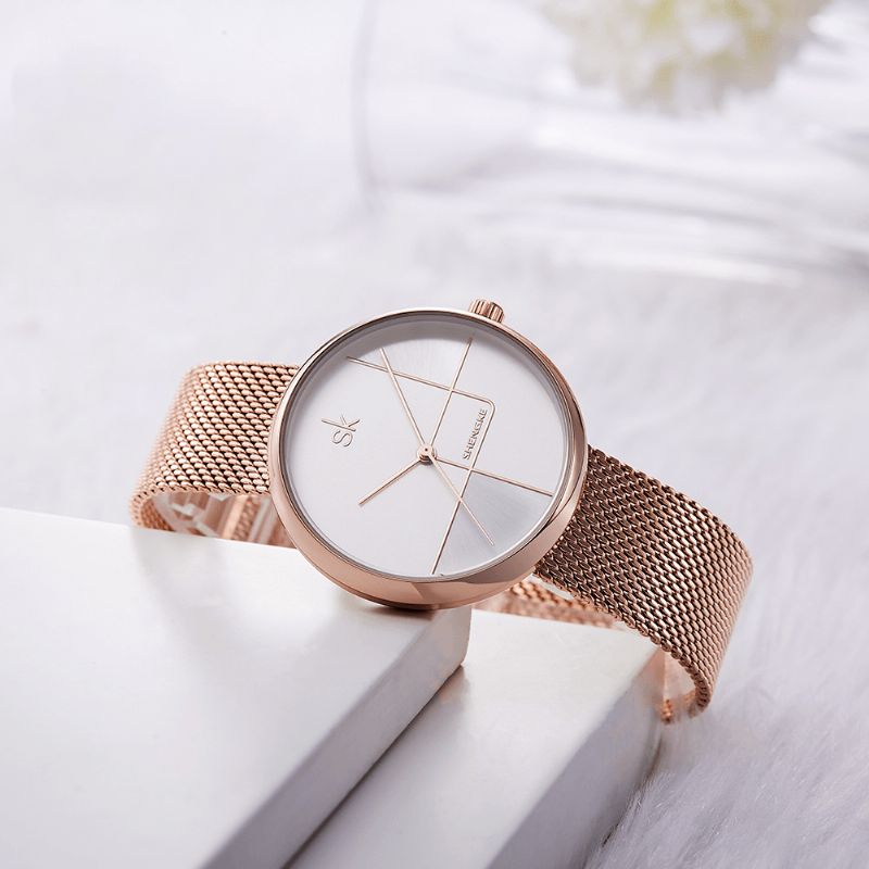 Ligne Géométrique Simple Aiguille Cadran Femmes Plein Acier Dames Robe De Luxe Montre À Quartz