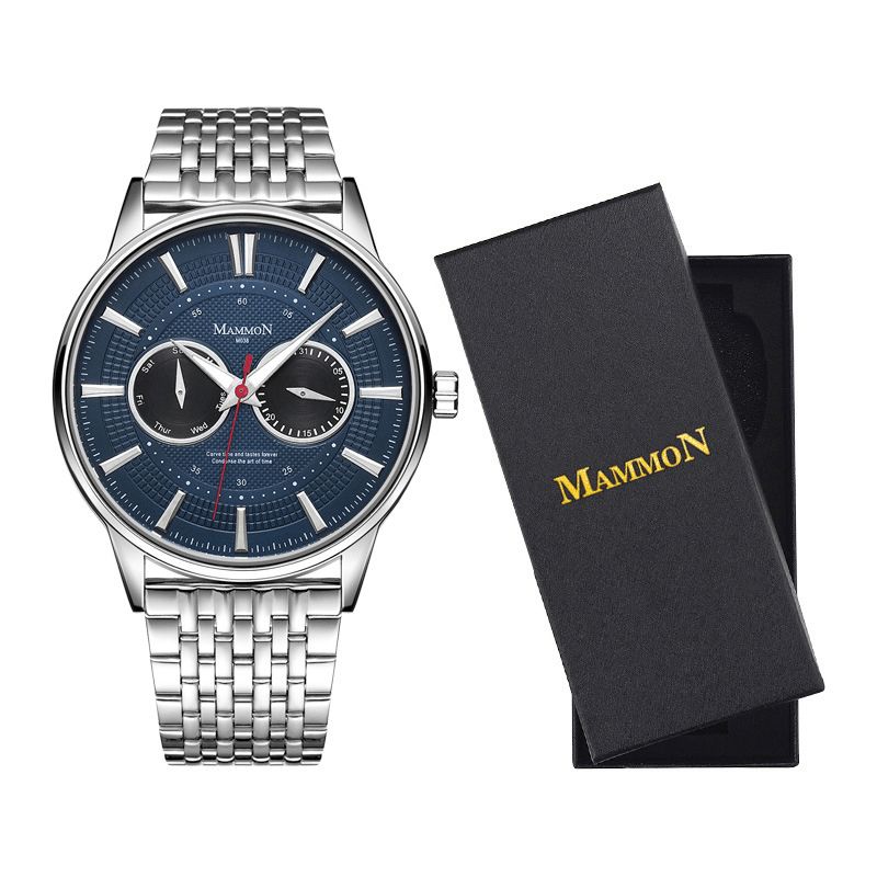 Mammon M038 Affaires Grand Cadran Lumineux Pointeur Semaine Calendrier Affichage Acier Bande 3atm Étanche Hommes Montre À Quartz