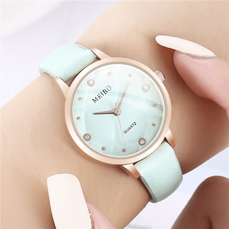 Meibo Montre-bracelet Pour Femme De Style Décontracté Bracelet En Cuir Montres À Quartz En Cristal