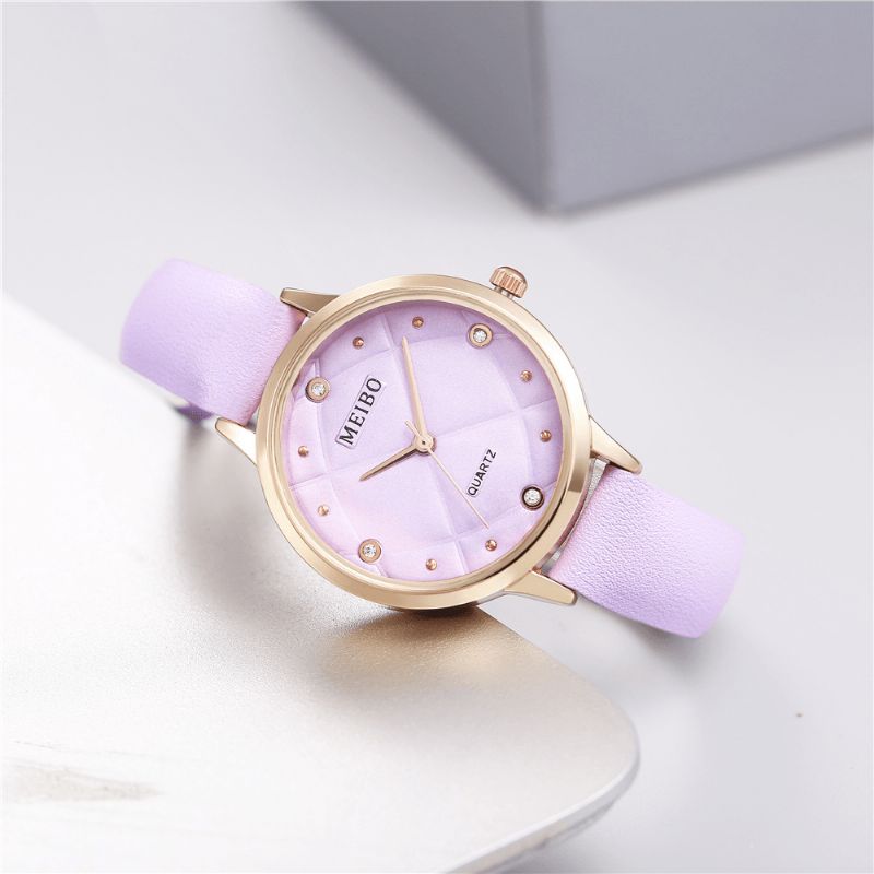 Meibo Montre-bracelet Pour Femme De Style Décontracté Bracelet En Cuir Montres À Quartz En Cristal