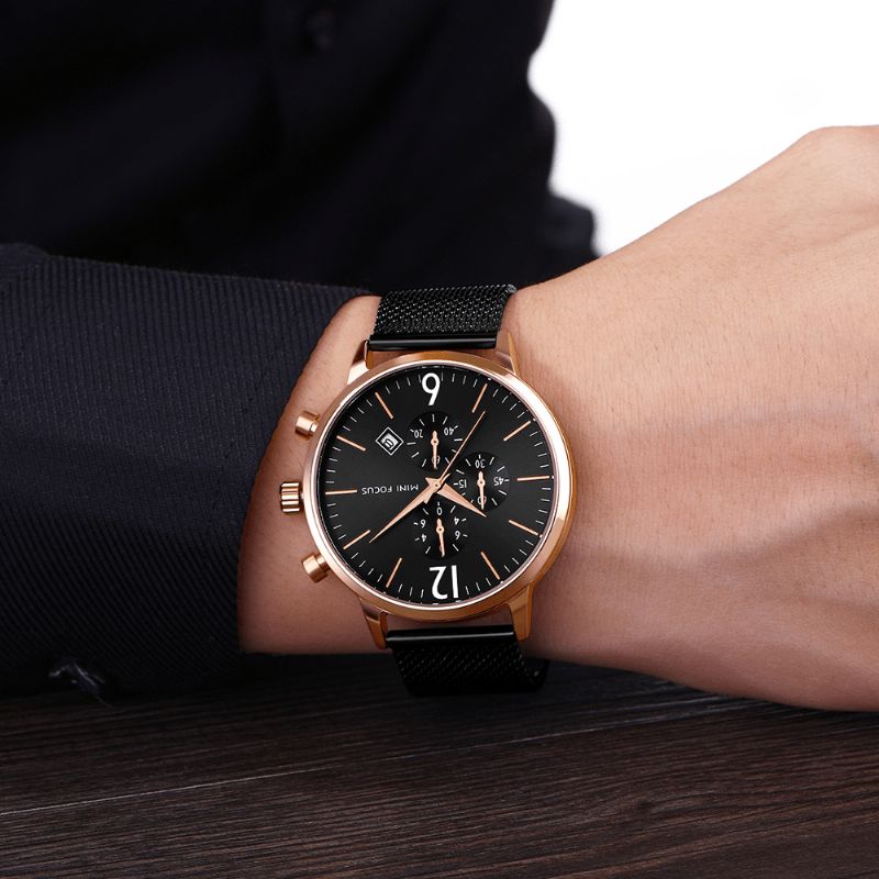 Mf0185g Business Style Calendrier Complet Maille Acier Hommes Montre-bracelet Montre À Quartz