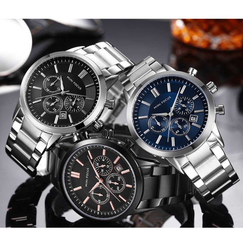 Mf0188g Business Style Calendrier Acier Inoxydable Hommes Montre-bracelet Montre À Quartz