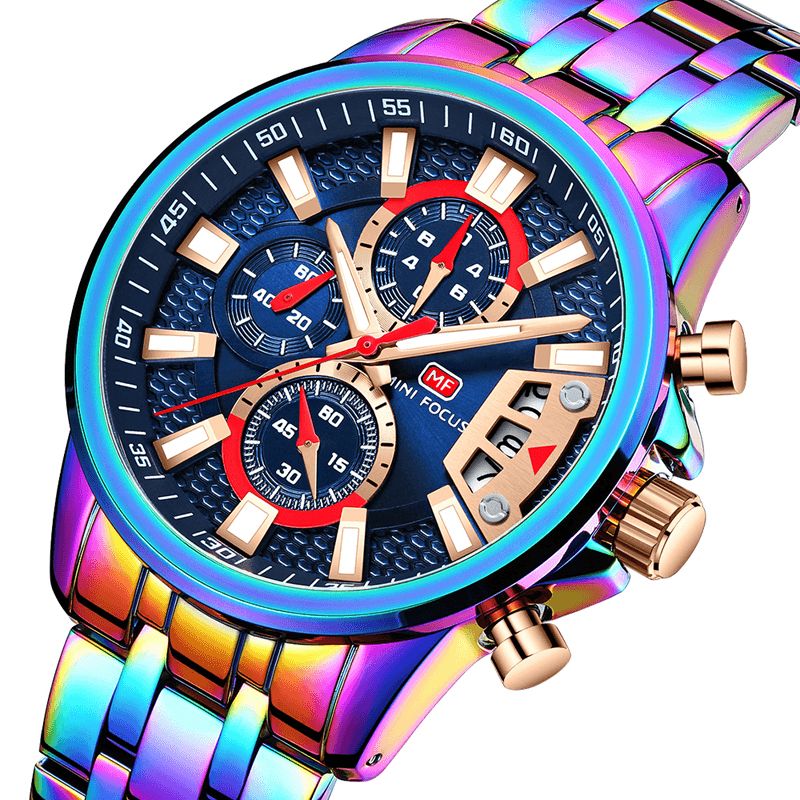 Mf0352g Multifonction Coloré Étanche Montre À Quartz Affichage De La Date Plein Acier Hommes Montres