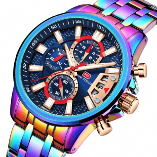 Mf0352g Multifonction Coloré Étanche Montre À Quartz Affichage De La Date Plein Acier Hommes Montres