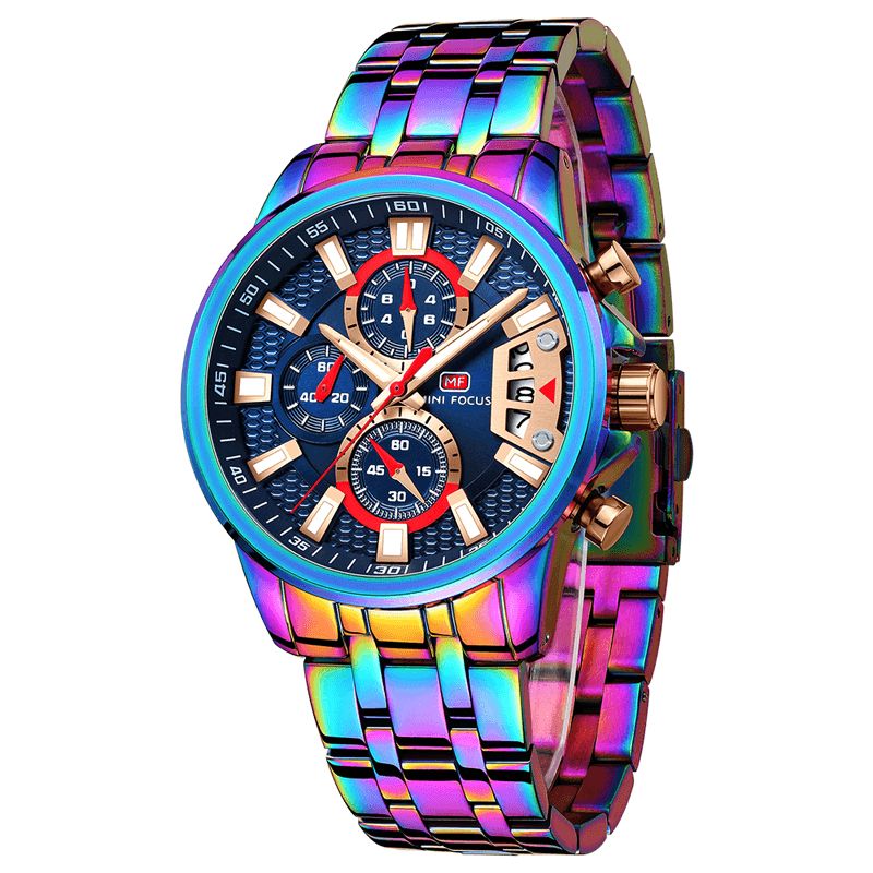 Mf0352g Multifonction Coloré Étanche Montre À Quartz Affichage De La Date Plein Acier Hommes Montres