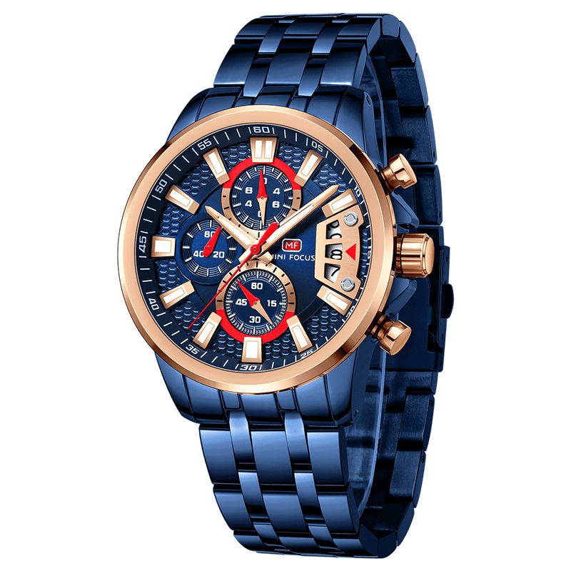 Mf0352g Multifonction Coloré Étanche Montre À Quartz Affichage De La Date Plein Acier Hommes Montres