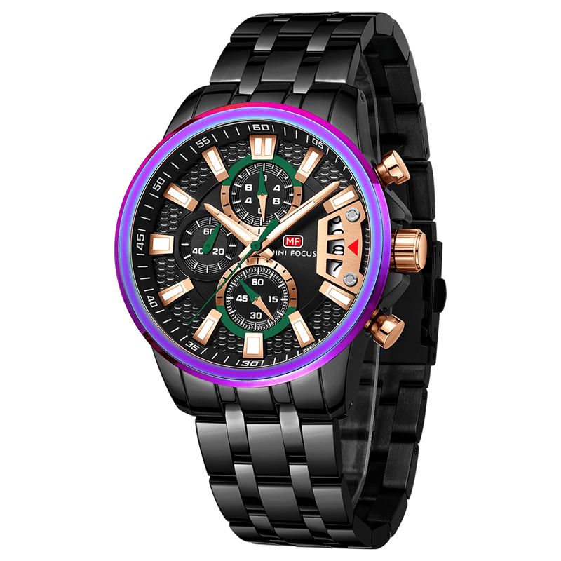 Mf0352g Multifonction Coloré Étanche Montre À Quartz Affichage De La Date Plein Acier Hommes Montres