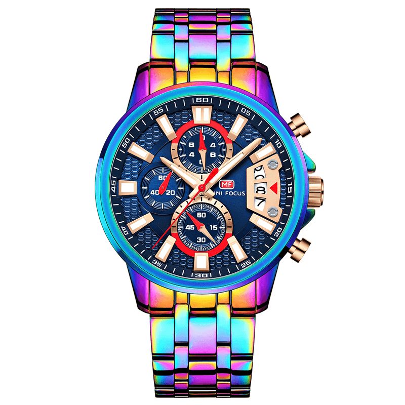 Mf0352g Multifonction Coloré Étanche Montre À Quartz Affichage De La Date Plein Acier Hommes Montres