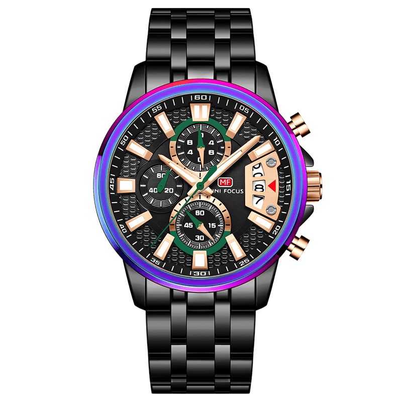 Mf0352g Multifonction Coloré Étanche Montre À Quartz Affichage De La Date Plein Acier Hommes Montres