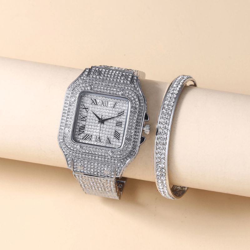 Mode Alloy Business 2 Pcs Square Full Diamond Steel Band Quartz Montre Bracelet Set