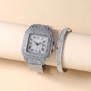 Mode Alloy Business 2 Pcs Square Full Diamond Steel Band Quartz Montre Bracelet Set