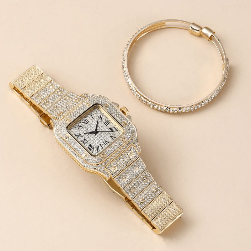 Mode Alloy Business 2 Pcs Square Full Diamond Steel Band Quartz Montre Bracelet Set