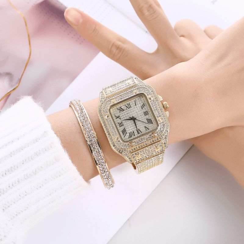 Mode Alloy Business 2 Pcs Square Full Diamond Steel Band Quartz Montre Bracelet Set