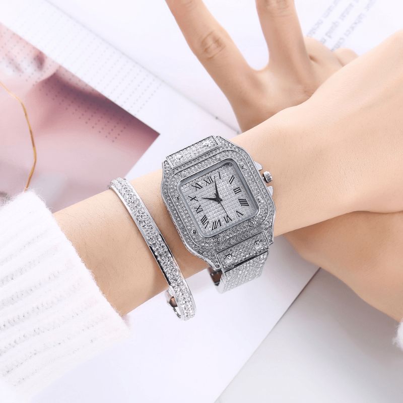 Mode Alloy Business 2 Pcs Square Full Diamond Steel Band Quartz Montre Bracelet Set