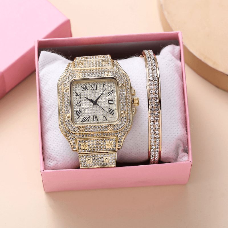 Mode Alloy Business 2 Pcs Square Full Diamond Steel Band Quartz Montre Bracelet Set