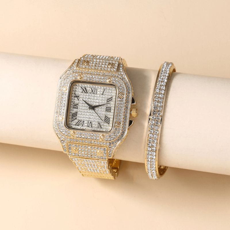 Mode Alloy Business 2 Pcs Square Full Diamond Steel Band Quartz Montre Bracelet Set