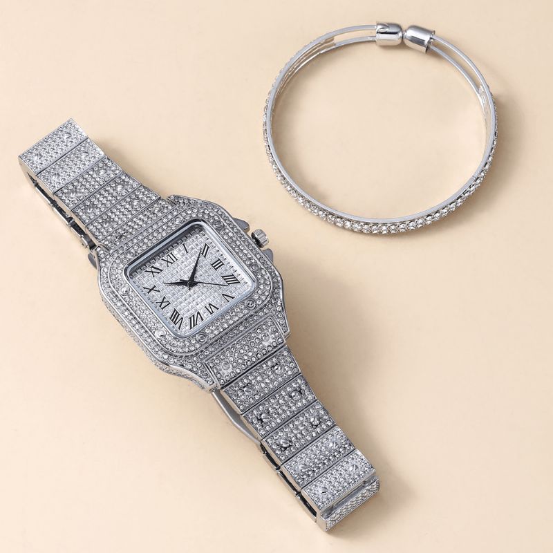 Mode Alloy Business 2 Pcs Square Full Diamond Steel Band Quartz Montre Bracelet Set