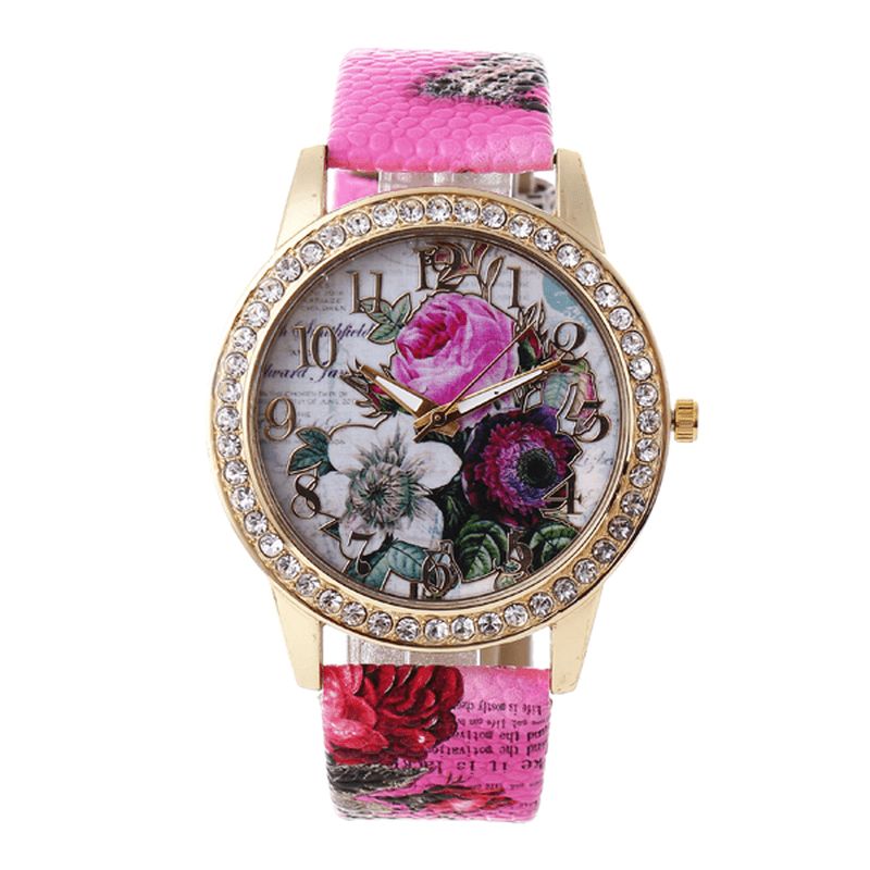 Mode Bohême Style Femmes Montre Bracelet En Cuir Rétro Rose Motif Quartz Montre