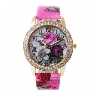 Mode Bohême Style Femmes Montre Bracelet En Cuir Rétro Rose Motif Quartz Montre