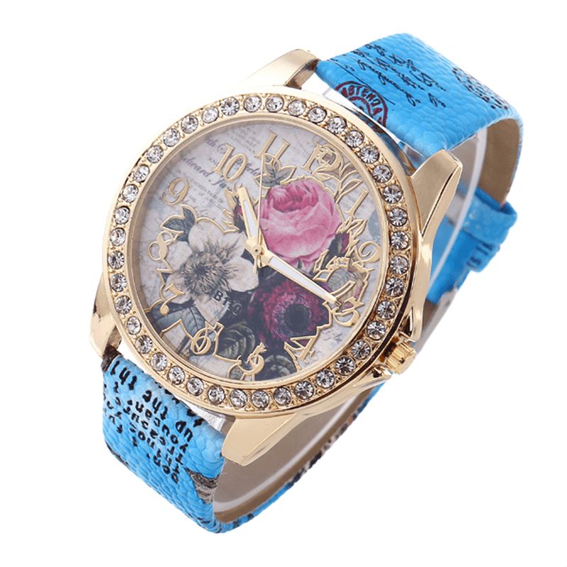 Mode Bohême Style Femmes Montre Bracelet En Cuir Rétro Rose Motif Quartz Montre