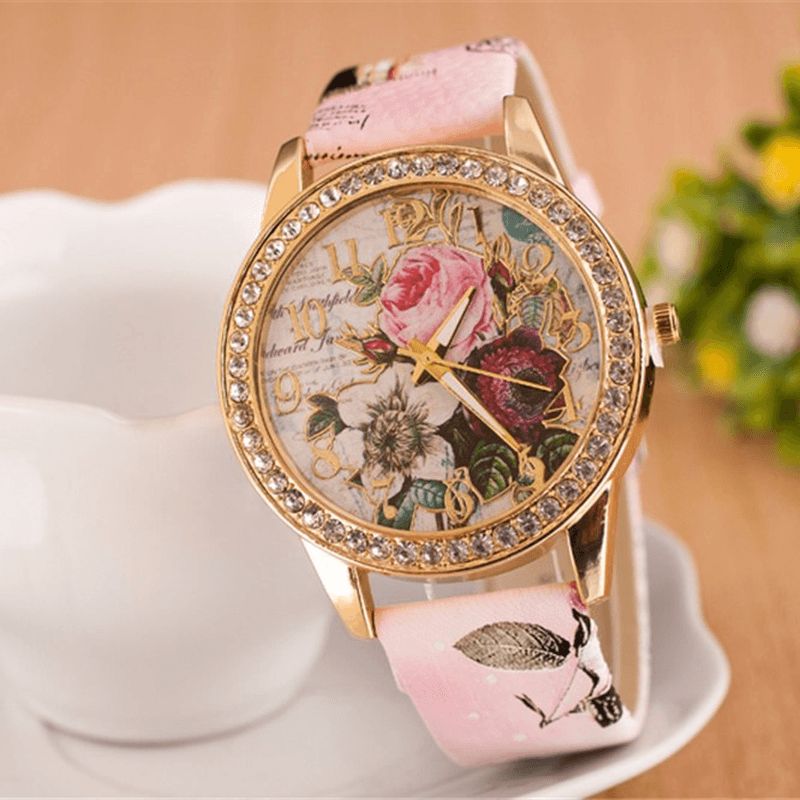 Mode Bohême Style Femmes Montre Bracelet En Cuir Rétro Rose Motif Quartz Montre