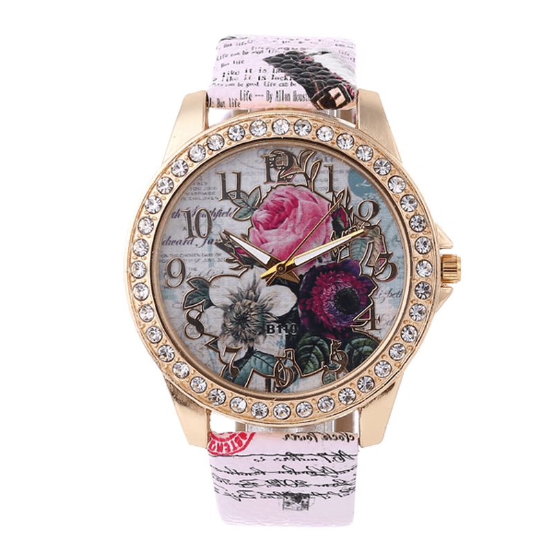 Mode Bohême Style Femmes Montre Bracelet En Cuir Rétro Rose Motif Quartz Montre