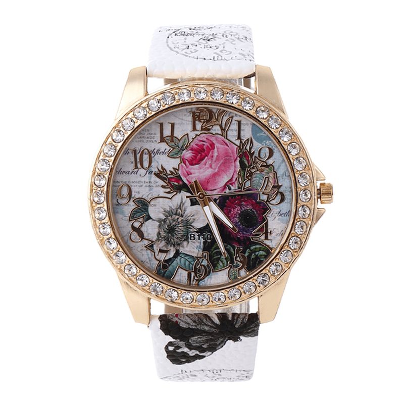 Mode Bohême Style Femmes Montre Bracelet En Cuir Rétro Rose Motif Quartz Montre