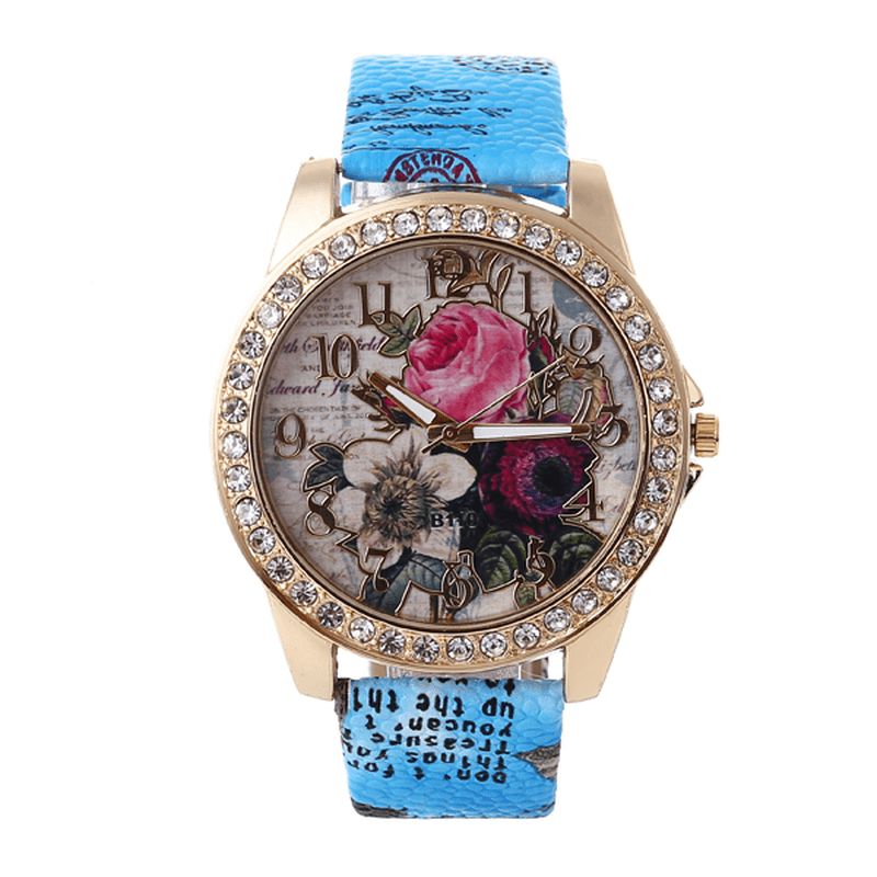 Mode Bohême Style Femmes Montre Bracelet En Cuir Rétro Rose Motif Quartz Montre