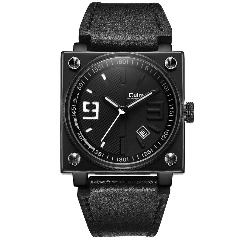 Mode Carré Pointeur Lumineux Bracelet En Cuir Véritable 3atm Étanche Hommes Montre À Quartz Montre-bracelet