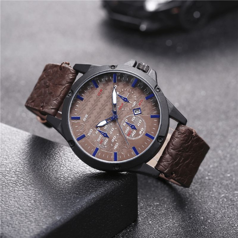 Mode Casual Alliage Casual Vintage Calendrier Pu Ceinture En Cuir Montre À Quartz Montre