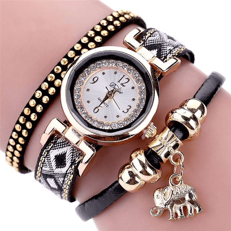 Mode Casual Rivet Diamant Éléphant Pendentif Femmes Montre À Quartz