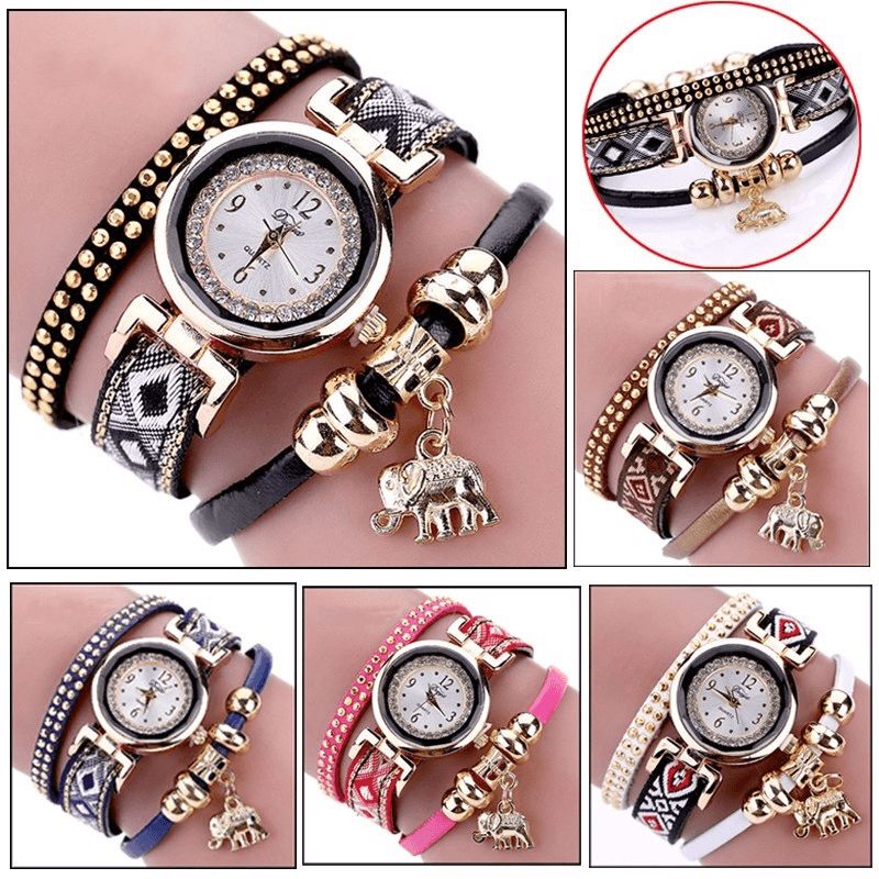 Mode Casual Rivet Diamant Éléphant Pendentif Femmes Montre À Quartz