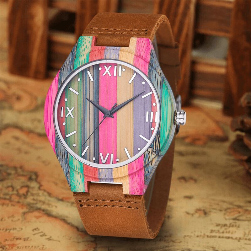 Mode Colorful Case Dial Bracelet En Cuir Creative Style Casual Montre Homme Montre À Quartz