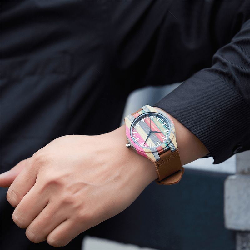 Mode Colorful Case Dial Bracelet En Cuir Creative Style Casual Montre Homme Montre À Quartz