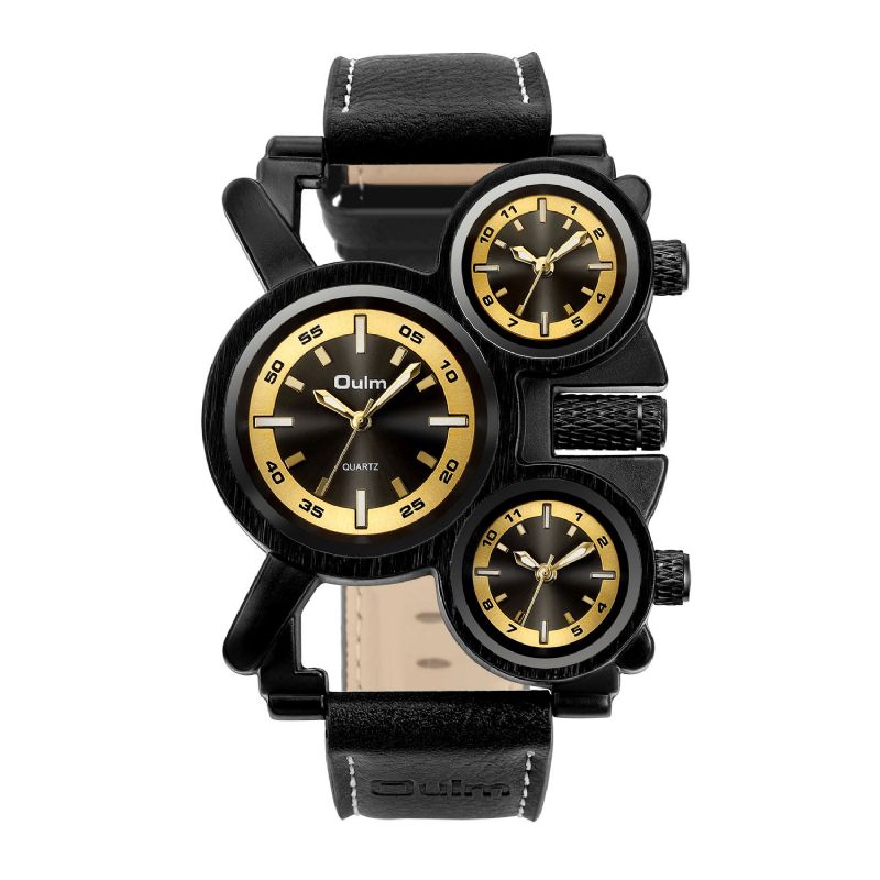 Mode Décontracté En Cuir Hommes Montre Vintage Décoré Multi-fuseau Horaire Cadran Pointeurs Lumineux Montre À Quartz