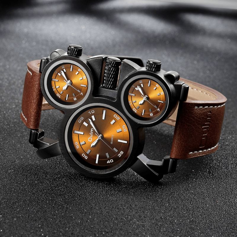 Mode Décontracté En Cuir Hommes Montre Vintage Décoré Multi-fuseau Horaire Cadran Pointeurs Lumineux Montre À Quartz