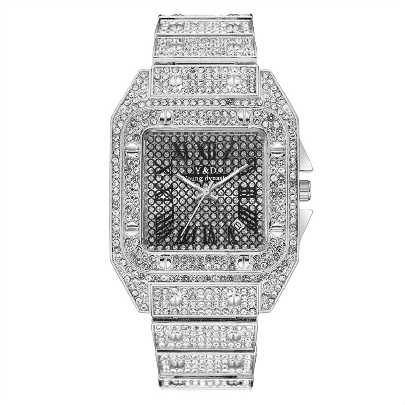 Mode Elegent Décontractées Big Dial Steel Band Diamond Montre À Quartz Homme