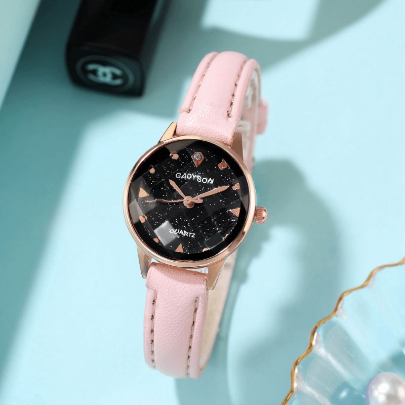 Mode Femmes Montre Lumière Luxe Trois Dimensions Cadran En Verre Coupé Bracelet En Cuir Montre À Quartz