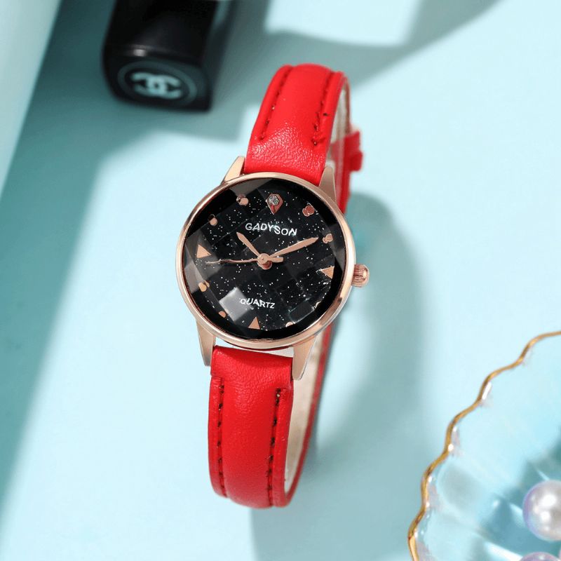 Mode Femmes Montre Lumière Luxe Trois Dimensions Cadran En Verre Coupé Bracelet En Cuir Montre À Quartz