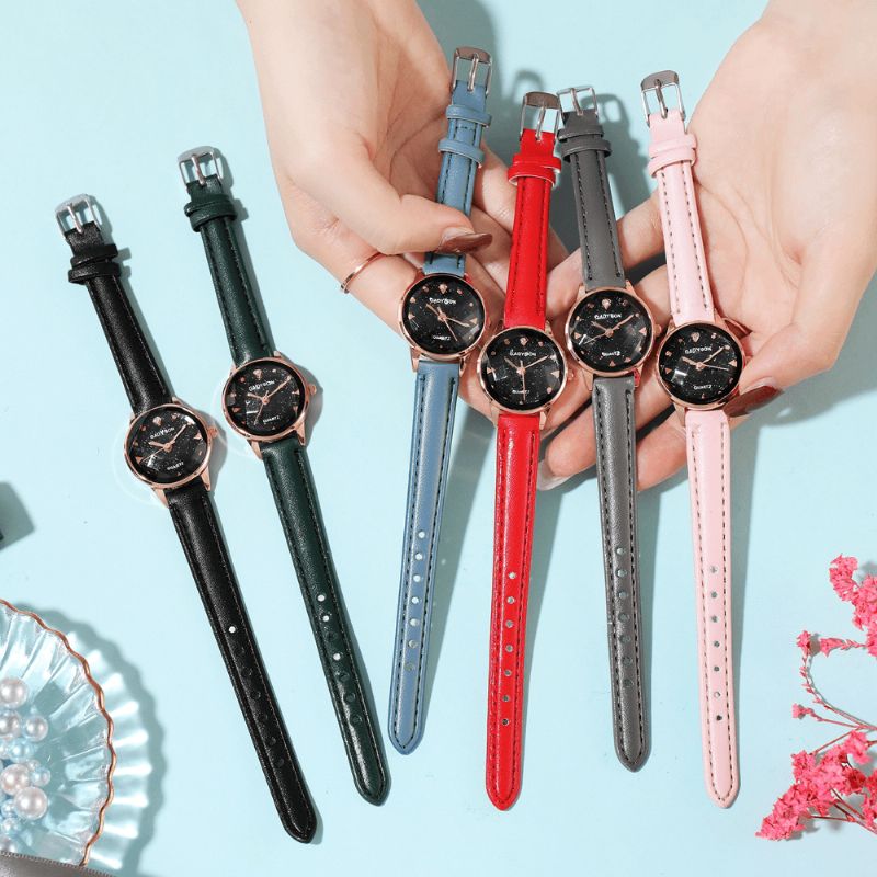 Mode Femmes Montre Lumière Luxe Trois Dimensions Cadran En Verre Coupé Bracelet En Cuir Montre À Quartz