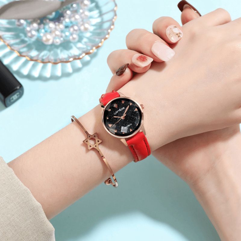 Mode Femmes Montre Lumière Luxe Trois Dimensions Cadran En Verre Coupé Bracelet En Cuir Montre À Quartz