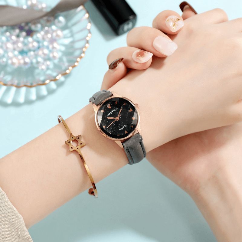 Mode Femmes Montre Lumière Luxe Trois Dimensions Cadran En Verre Coupé Bracelet En Cuir Montre À Quartz