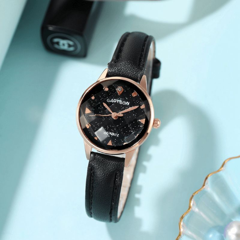 Mode Femmes Montre Lumière Luxe Trois Dimensions Cadran En Verre Coupé Bracelet En Cuir Montre À Quartz