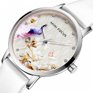 Mode Femmes Paon Fleur Motif Véritable Montre À Quartz En Cuir