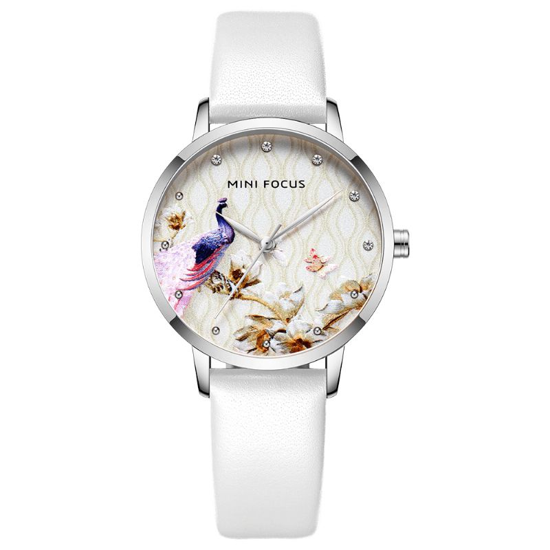 Mode Femmes Paon Fleur Motif Véritable Montre À Quartz En Cuir